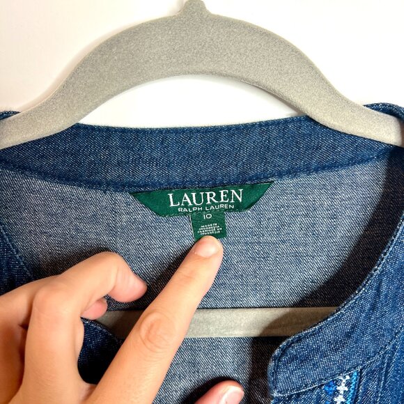 Lauren Ralph Lauren Denim Embroidered Tasseled Shift Knee Length Chore Dress 10 - Picture 2 of 6